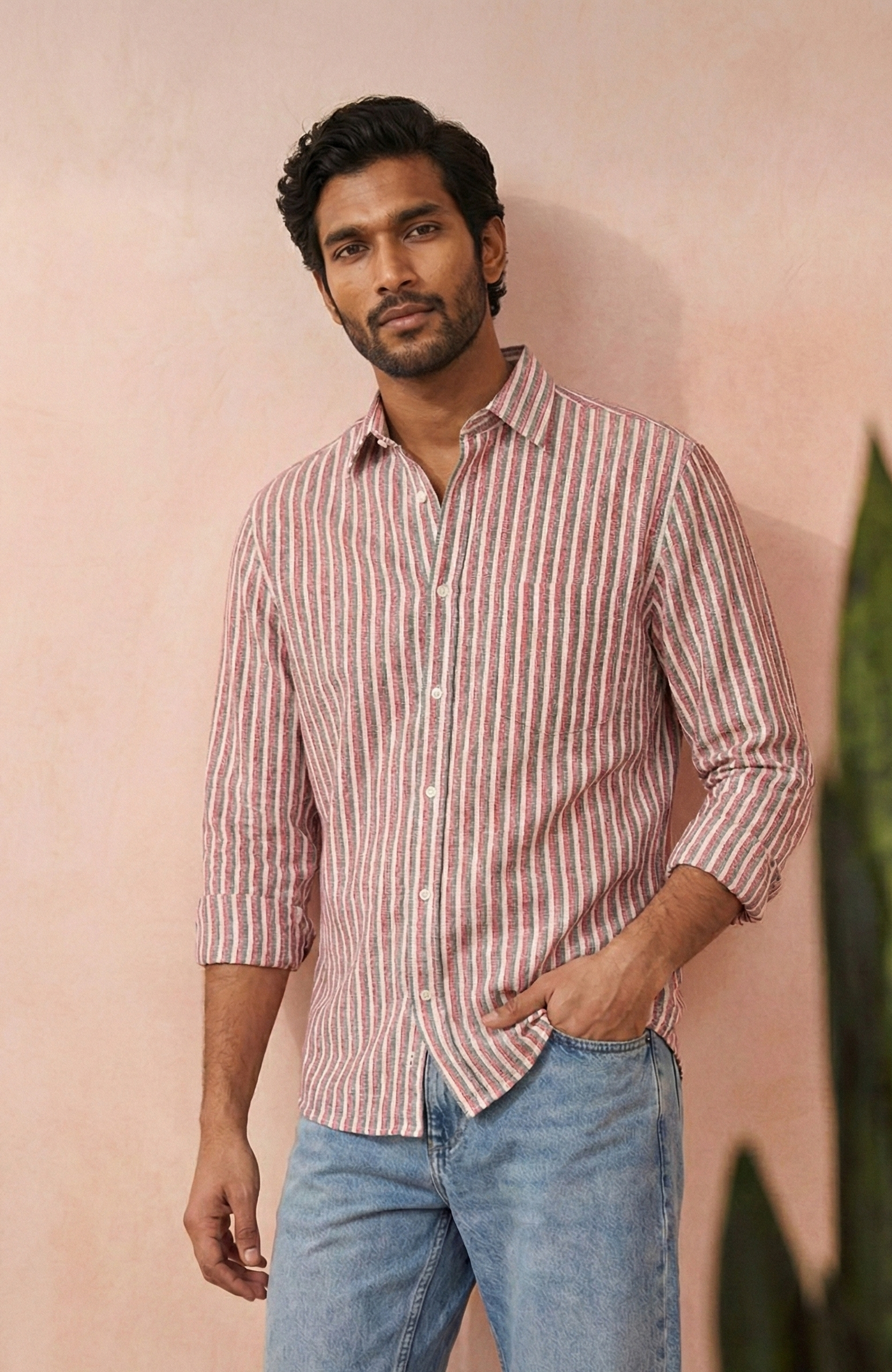 Redish and White Color Stripes Knitted Fabric Shirt