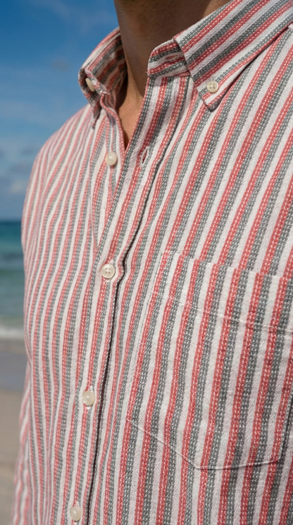 Redish and White Color Stripes Knitted Fabric Shirt