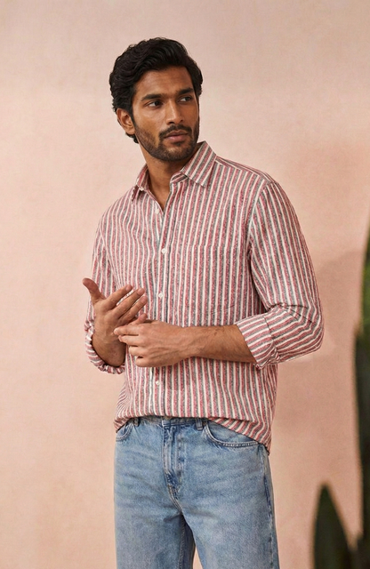 Redish and White Color Stripes Knitted Fabric Shirt