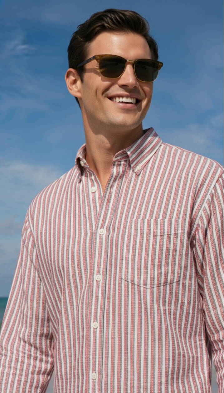 Redish and White Color Stripes Knitted Fabric Shirt