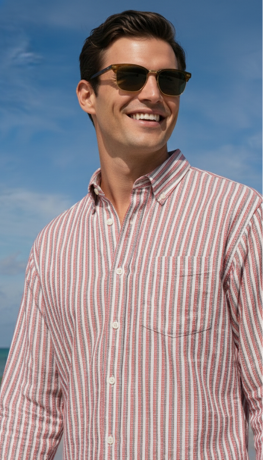 Redish and White Color Stripes Knitted Fabric Shirt