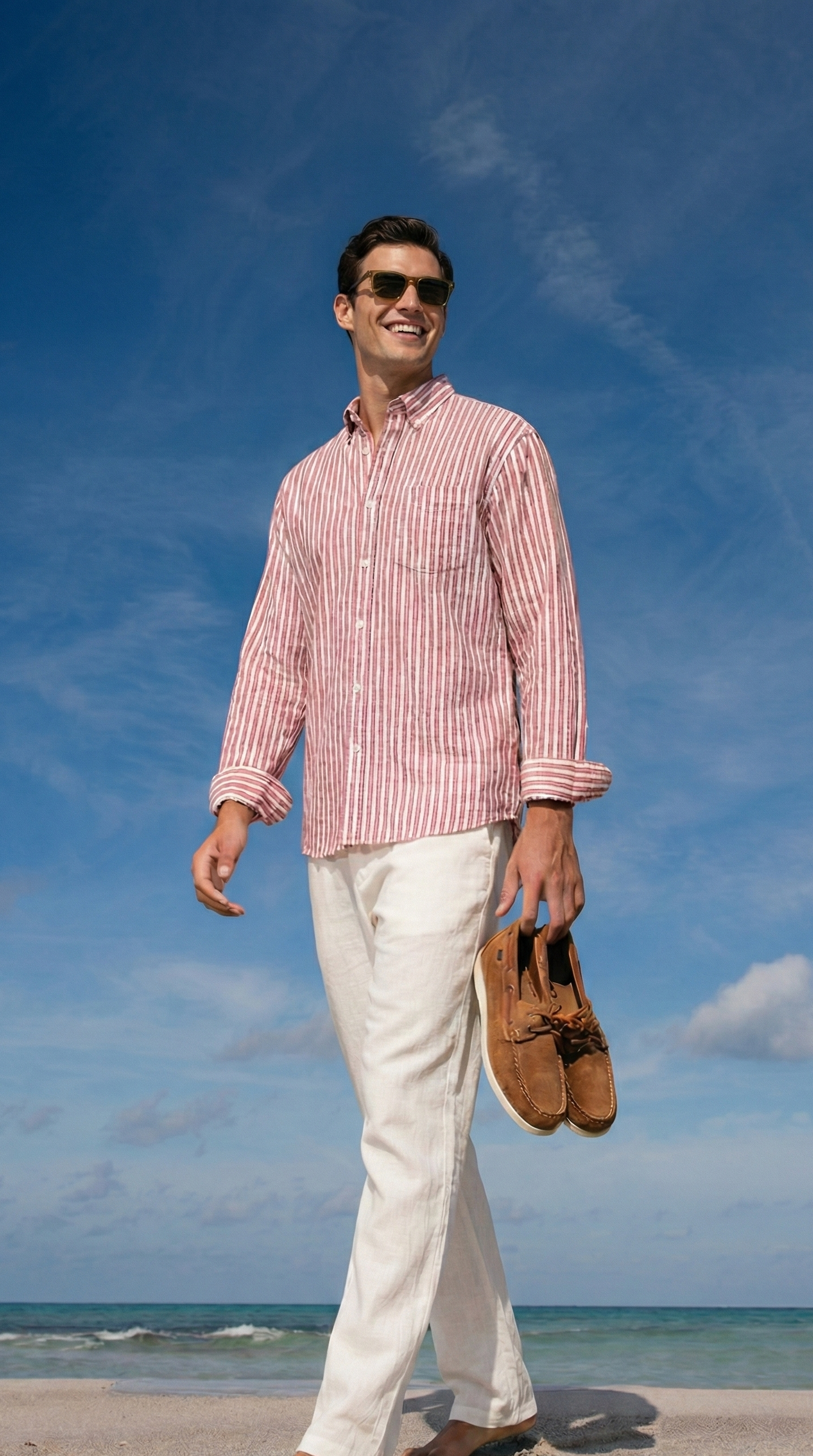 Redish and White Color Stripes Knitted Fabric Shirt