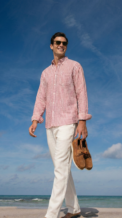 Redish and White Color Stripes Knitted Fabric Shirt