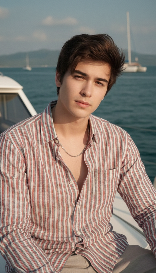 Redish and White Color Stripes Knitted Fabric Shirt