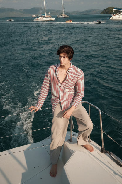 Redish and White Color Stripes Knitted Fabric Shirt