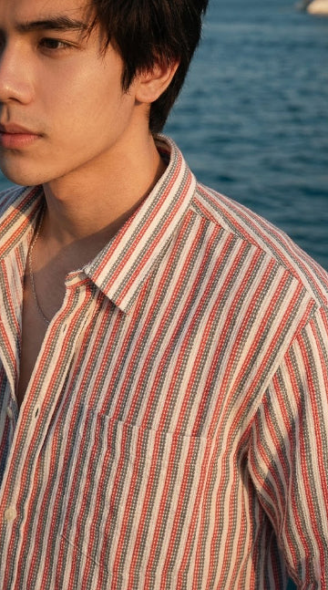 Redish and White Color Stripes Knitted Fabric Shirt