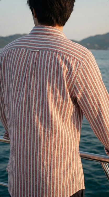 Redish and White Color Stripes Knitted Fabric Shirt