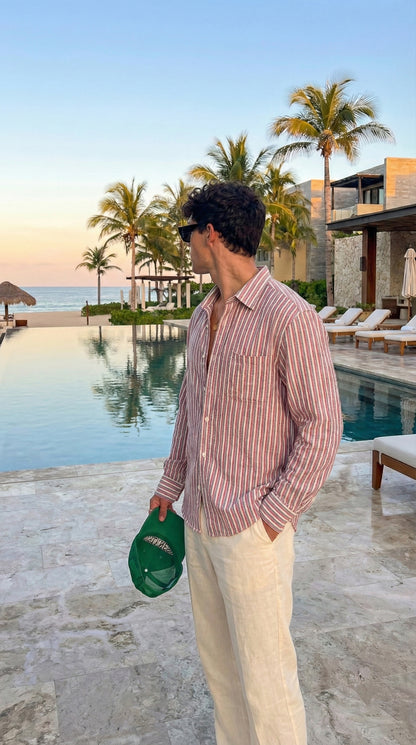 Redish and White Color Stripes Knitted Fabric Shirt