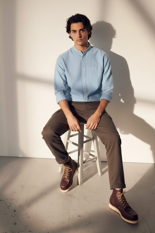 Men Regular Fit Solid Mandarin Collar Casual Shirt