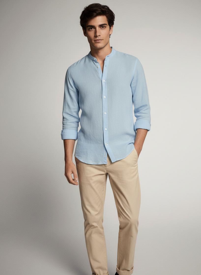 Men Regular Fit Solid Mandarin Collar Casual Shirt