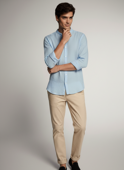 Men Regular Fit Solid Mandarin Collar Casual Shirt