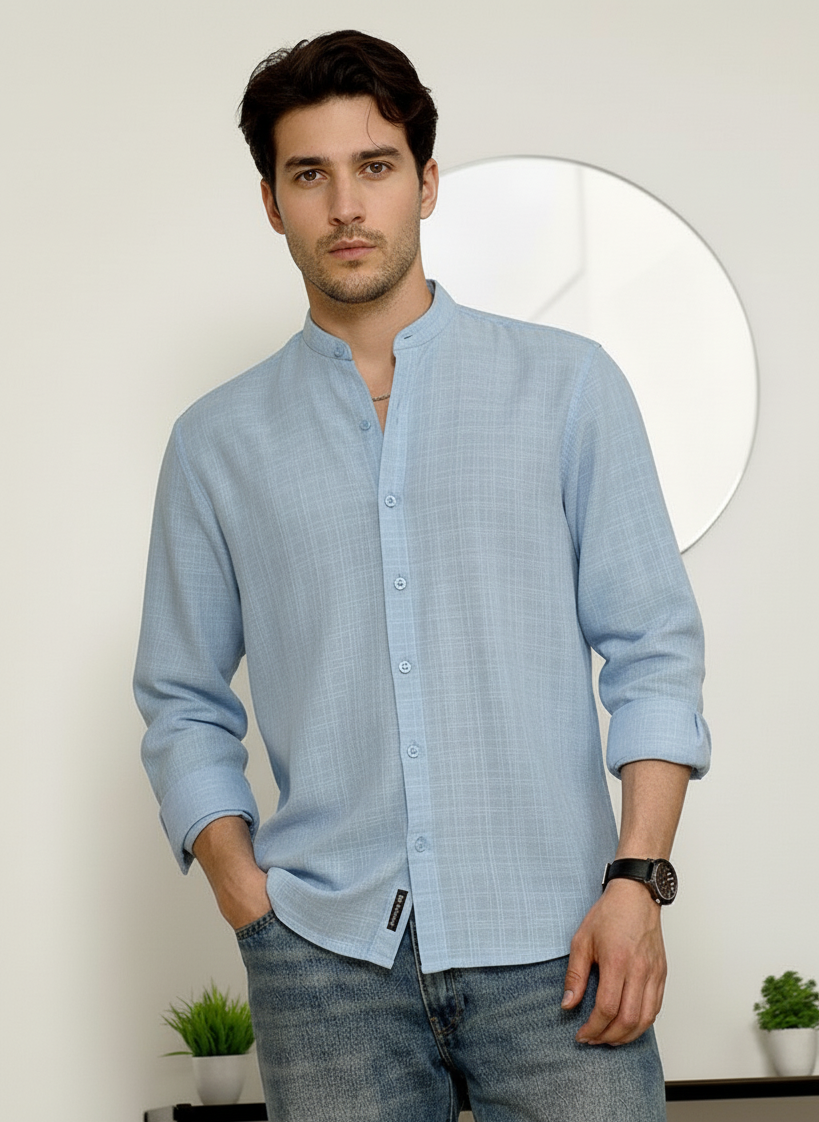 Men Regular Fit Solid Mandarin Collar Casual Shirt