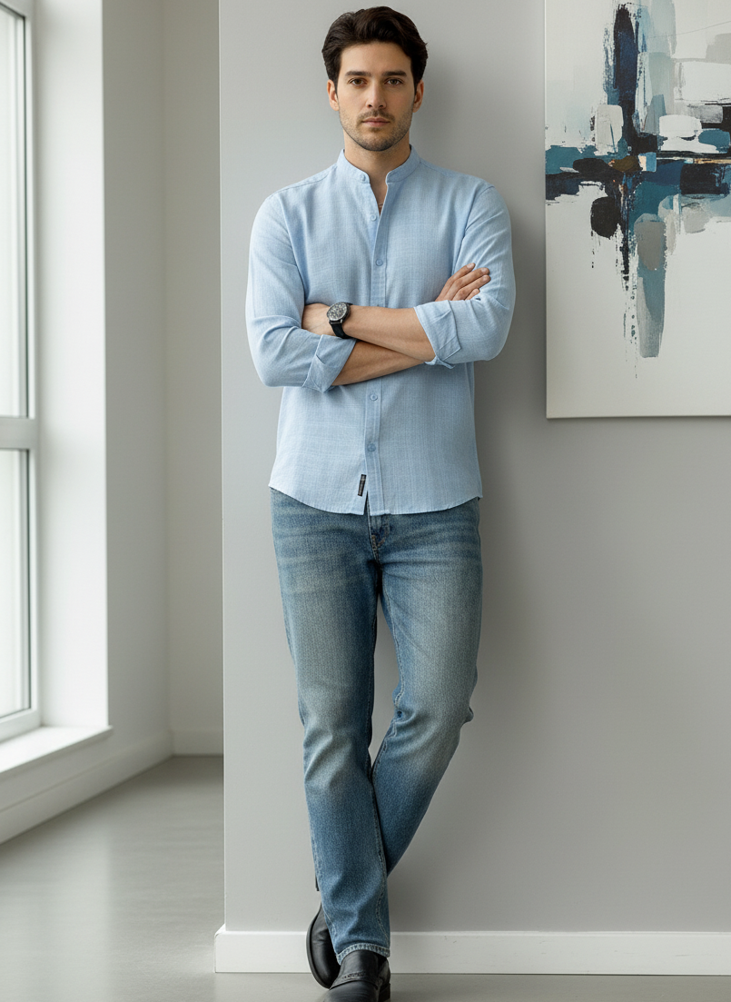 Men Regular Fit Solid Mandarin Collar Casual Shirt