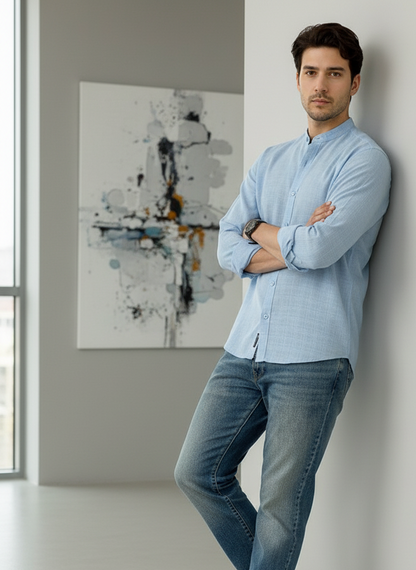 Men Regular Fit Solid Mandarin Collar Casual Shirt