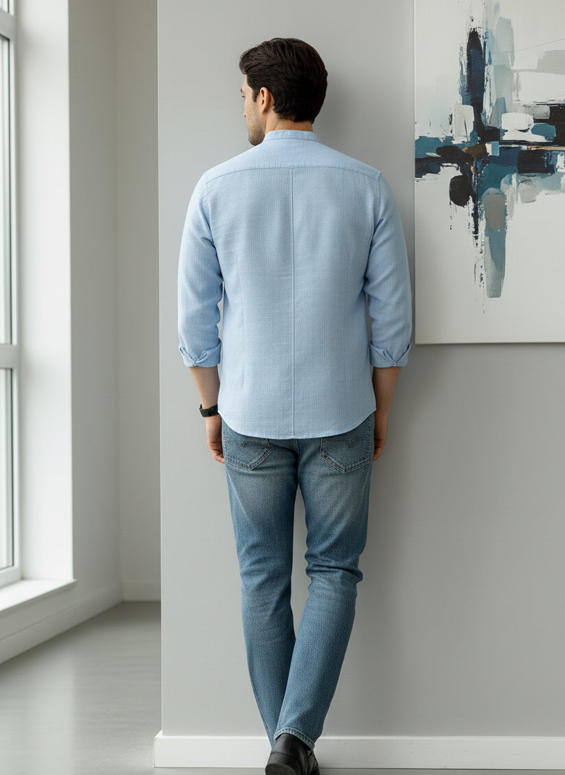 Men Regular Fit Solid Mandarin Collar Casual Shirt