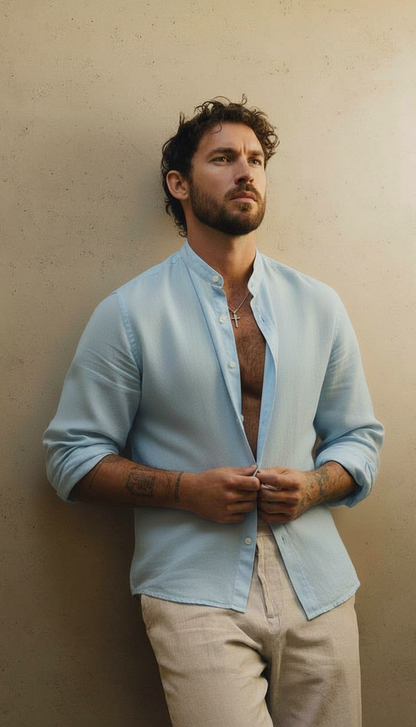 Men Regular Fit Solid Mandarin Collar Casual Shirt