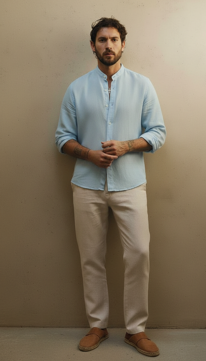 Men Regular Fit Solid Mandarin Collar Casual Shirt