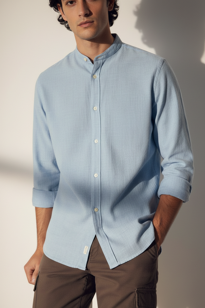 Men Regular Fit Solid Mandarin Collar Casual Shirt