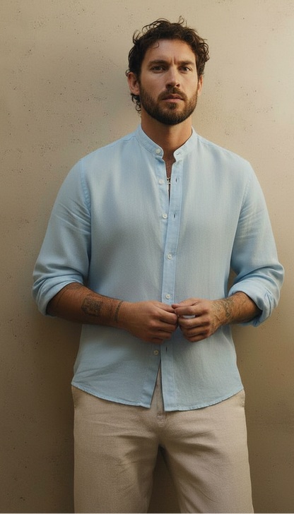 Men Regular Fit Solid Mandarin Collar Casual Shirt