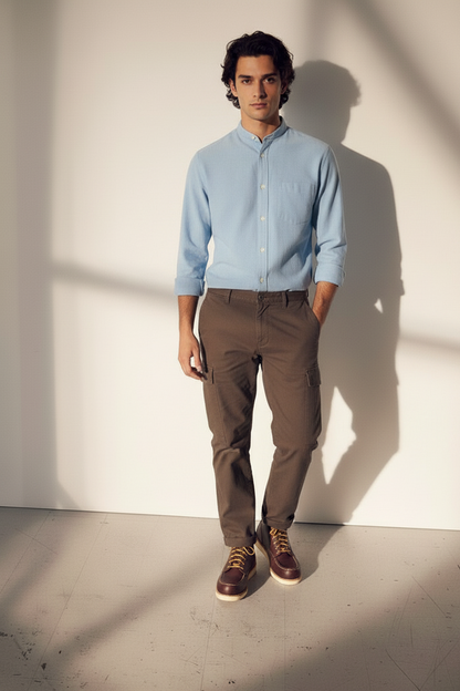 Men Regular Fit Solid Mandarin Collar Casual Shirt