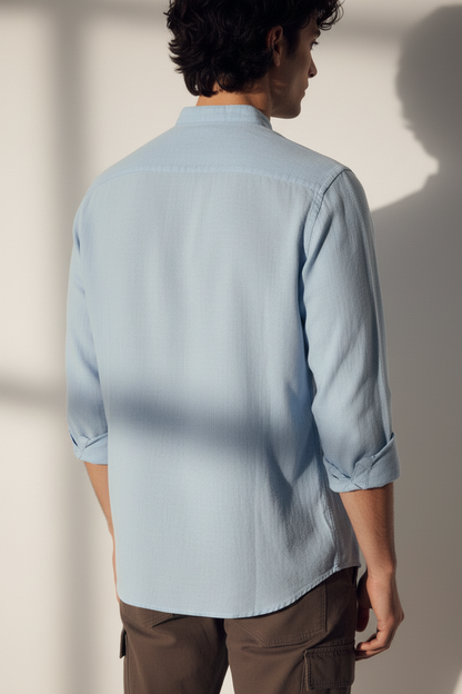 Men Regular Fit Solid Mandarin Collar Casual Shirt