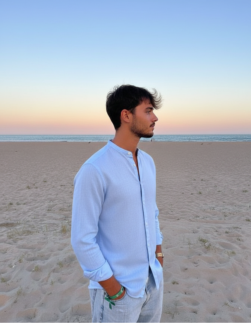 Men Regular Fit Solid Mandarin Collar Casual Shirt