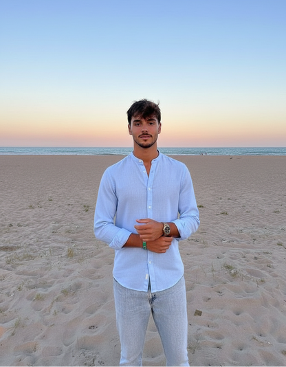 Men Regular Fit Solid Mandarin Collar Casual Shirt