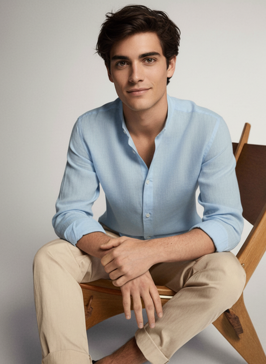 Men Regular Fit Solid Mandarin Collar Casual Shirt