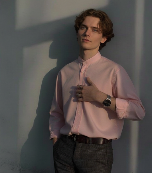 Men Regular Fit Solid Mandarin Collar Casual Shirt