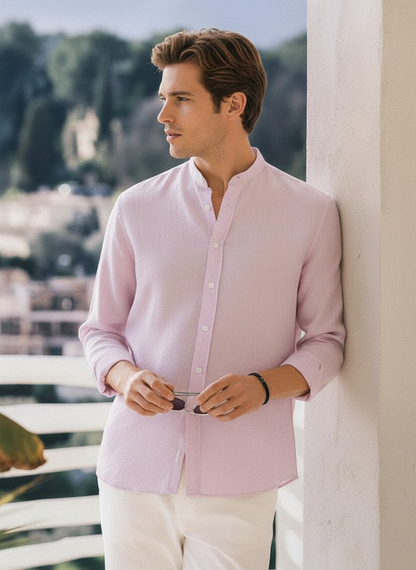 Men Regular Fit Solid Mandarin Collar Casual Shirt