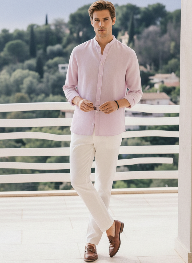 Men Regular Fit Solid Mandarin Collar Casual Shirt