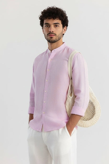 Men Regular Fit Solid Mandarin Collar Casual Shirt