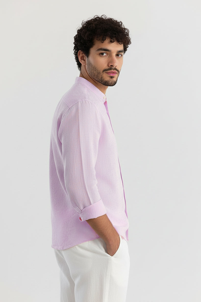 Men Regular Fit Solid Mandarin Collar Casual Shirt