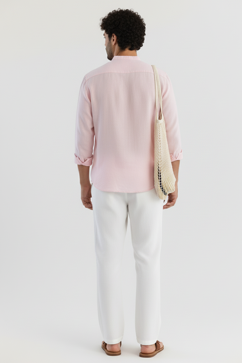 Men Regular Fit Solid Mandarin Collar Casual Shirt