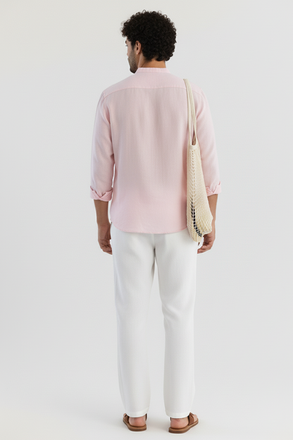 Men Regular Fit Solid Mandarin Collar Casual Shirt