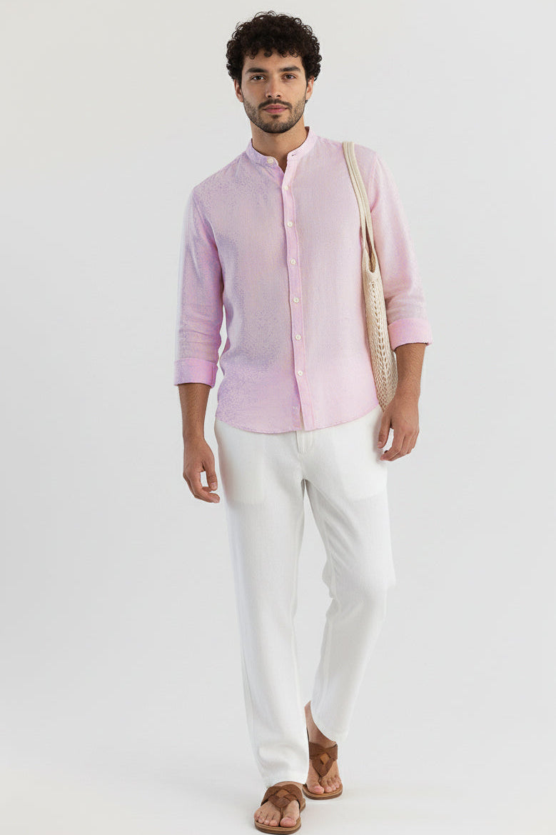 Men Regular Fit Solid Mandarin Collar Casual Shirt