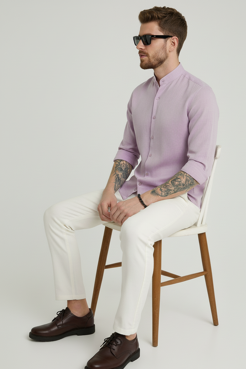 Men Regular Fit Solid Mandarin Collar Casual Shirt