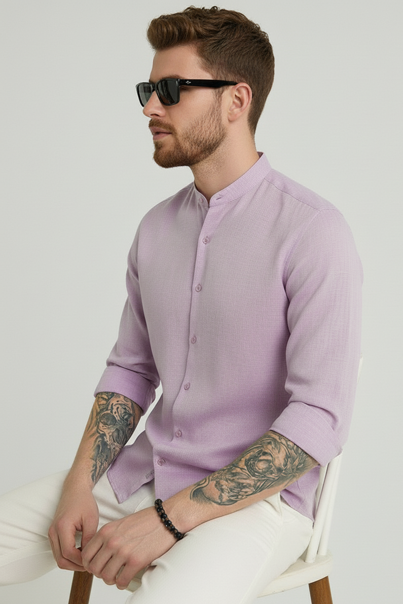 Men Regular Fit Solid Mandarin Collar Casual Shirt