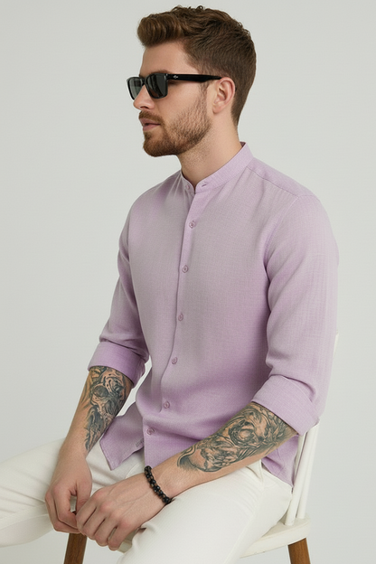 Men Regular Fit Solid Mandarin Collar Casual Shirt