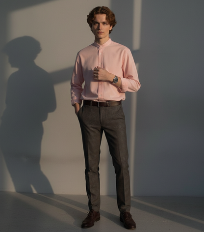 Men Regular Fit Solid Mandarin Collar Casual Shirt