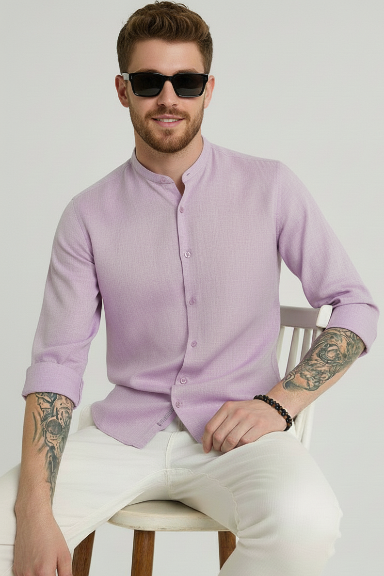 Men Regular Fit Solid Mandarin Collar Casual Shirt
