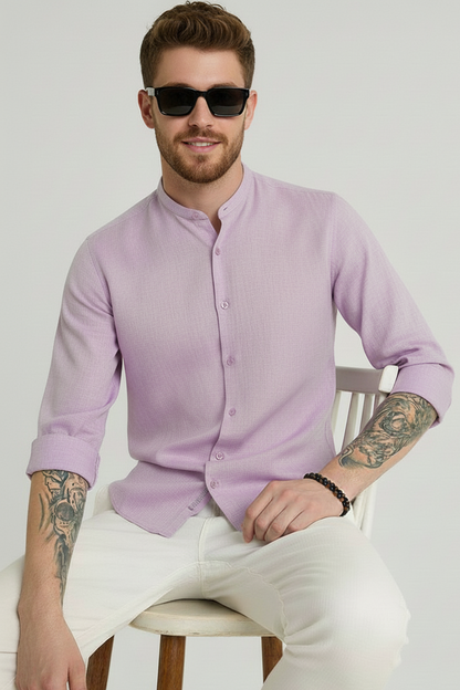 Men Regular Fit Solid Mandarin Collar Casual Shirt