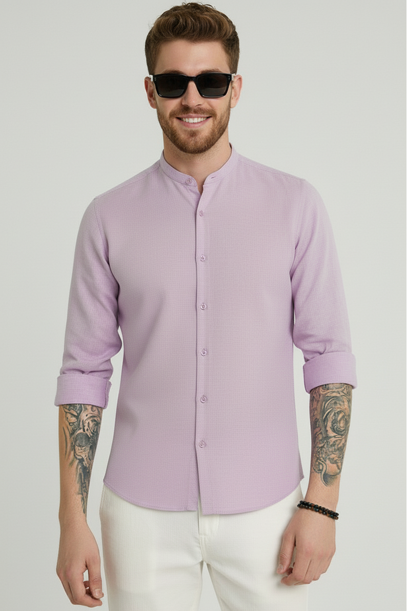 Men Regular Fit Solid Mandarin Collar Casual Shirt