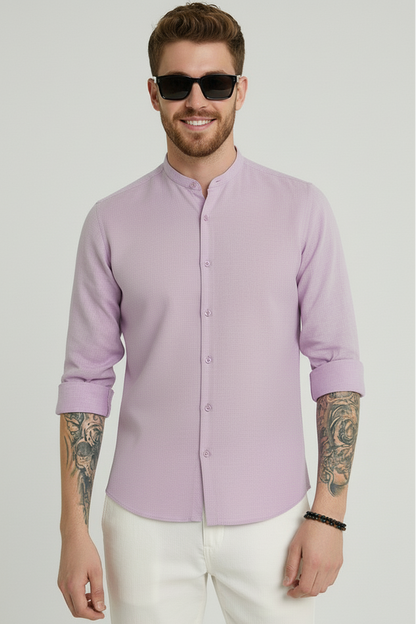 Men Regular Fit Solid Mandarin Collar Casual Shirt