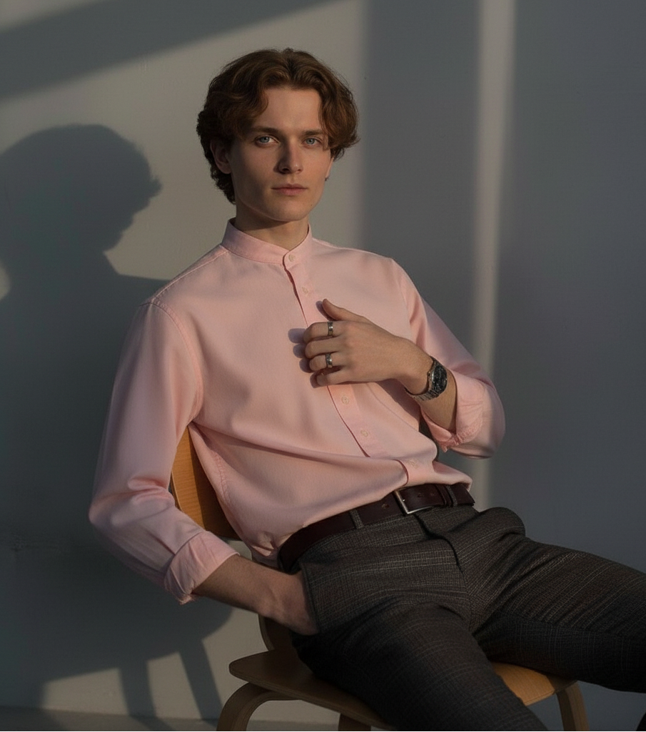 Men Regular Fit Solid Mandarin Collar Casual Shirt