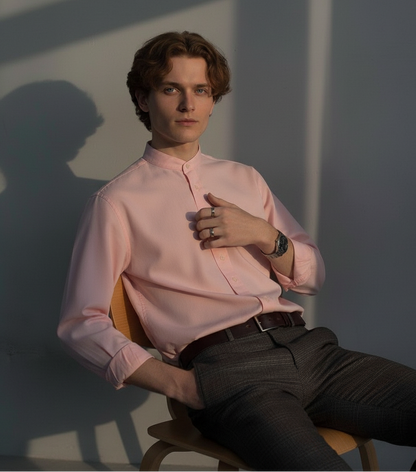 Men Regular Fit Solid Mandarin Collar Casual Shirt