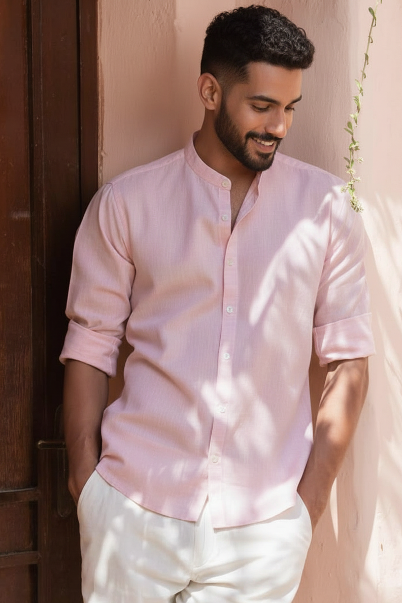 Men Regular Fit Solid Mandarin Collar Casual Shirt