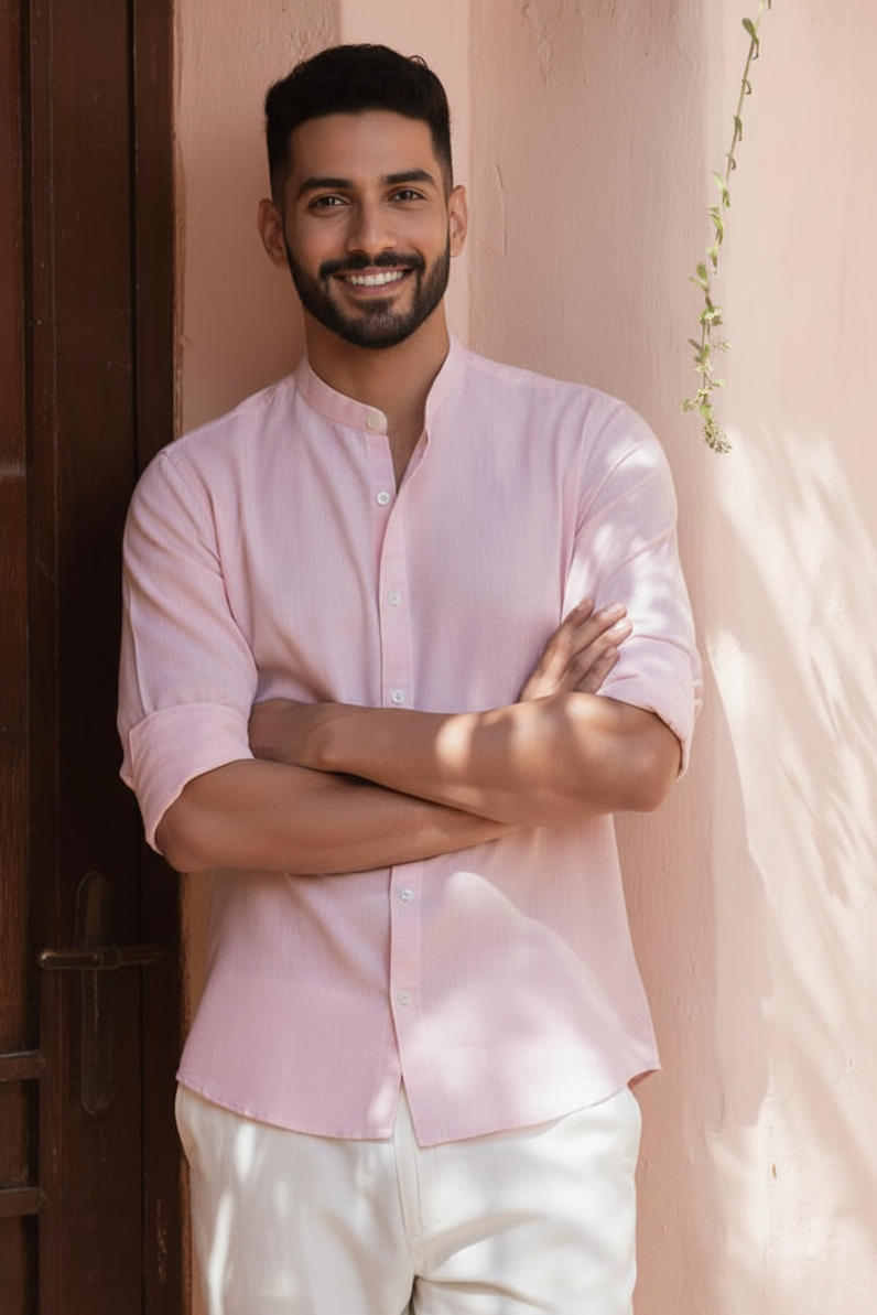 Men Regular Fit Solid Mandarin Collar Casual Shirt