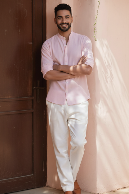 Men Regular Fit Solid Mandarin Collar Casual Shirt