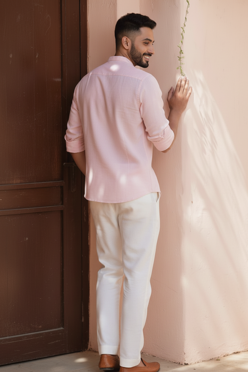 Men Regular Fit Solid Mandarin Collar Casual Shirt